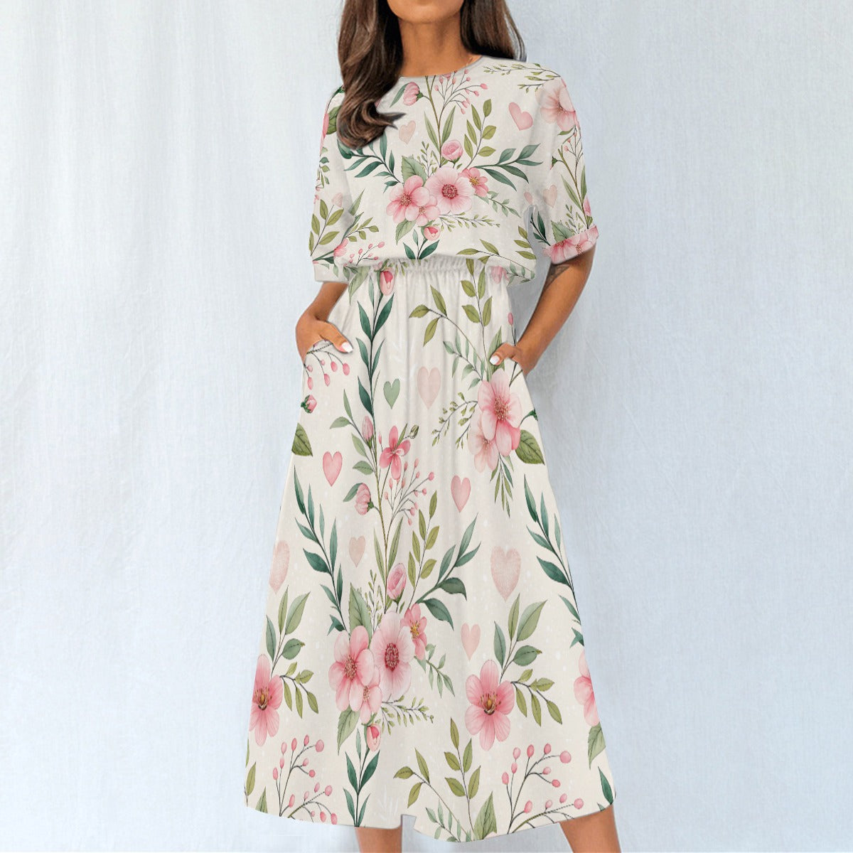 Floral Midi Dress – Pink Flower Elastic Waist Dress
