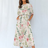 Floral Midi Dress – Pink Flower Elastic Waist Dress
