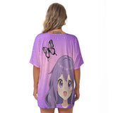 Anime Girl Butterfly Top – Kawaii Purple V-Neck Loose Fit Shirt