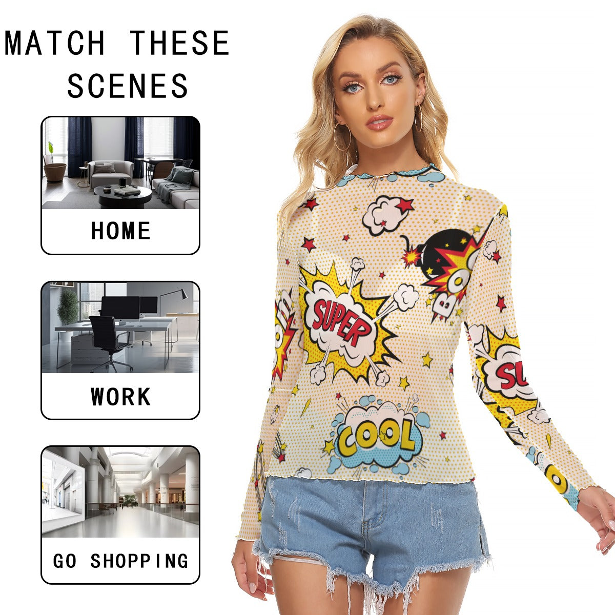 Kawaii Heaven Women's Long Sleeve Mesh T-Shirt - Sexy Comic Graphic Print