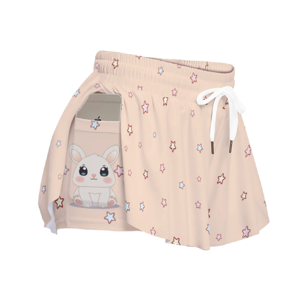 Kawaii Bunny Print Skort with Pocket - Cute Rabbit Star Athletic Skirt Shorts for Women