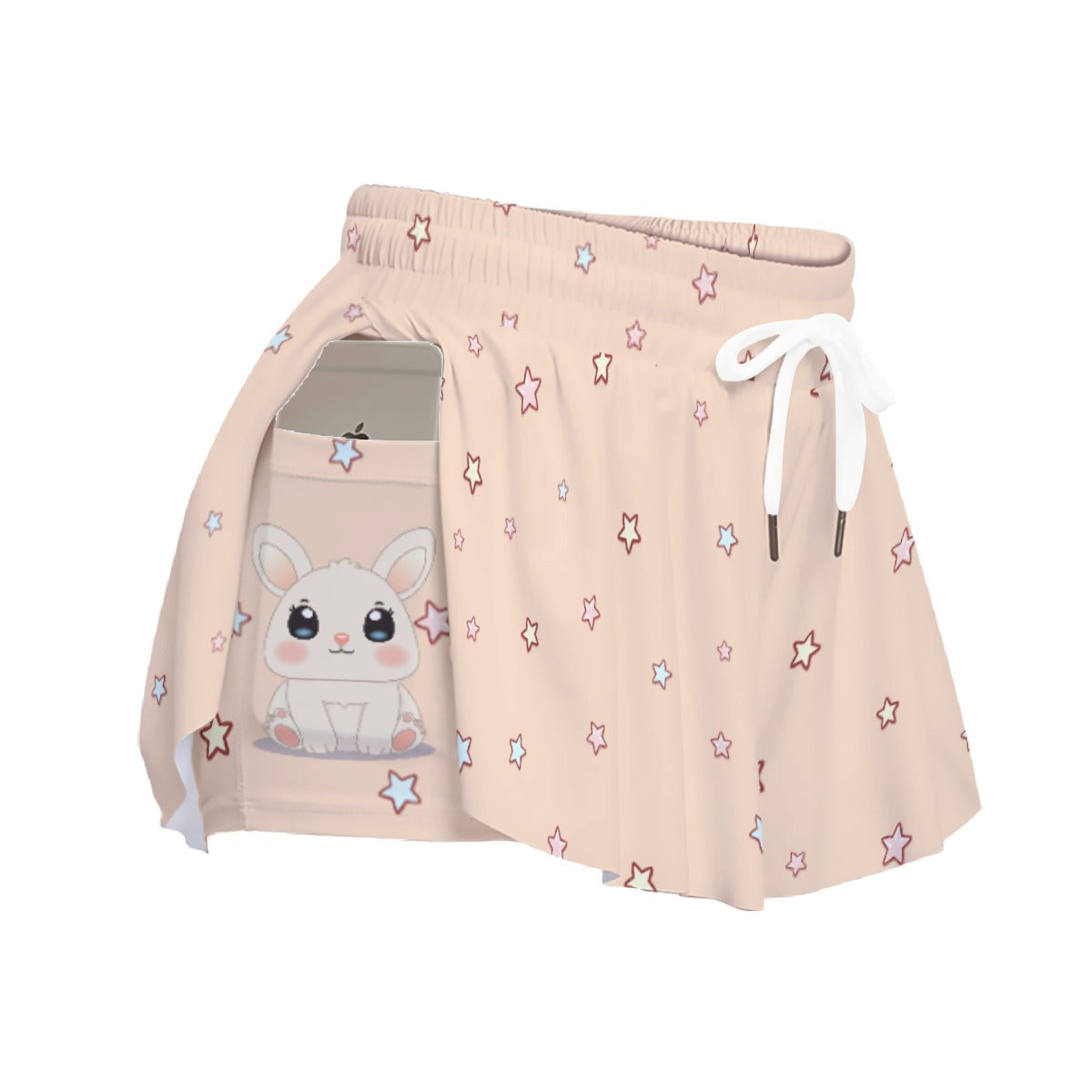 Kawaii Bunny Print Skort with Pocket - Cute Rabbit Star Athletic Skirt Shorts for Women