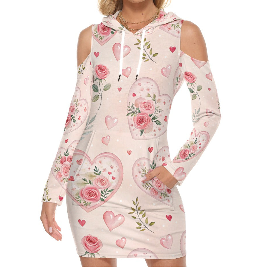 Rose Heart Hoodie Dress – Off Shoulder Floral Tunic with Pocket