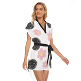 Kawaii Heaven Women's Stand-Up Collar Belted Casual Dress - Black and Pink Floral Print