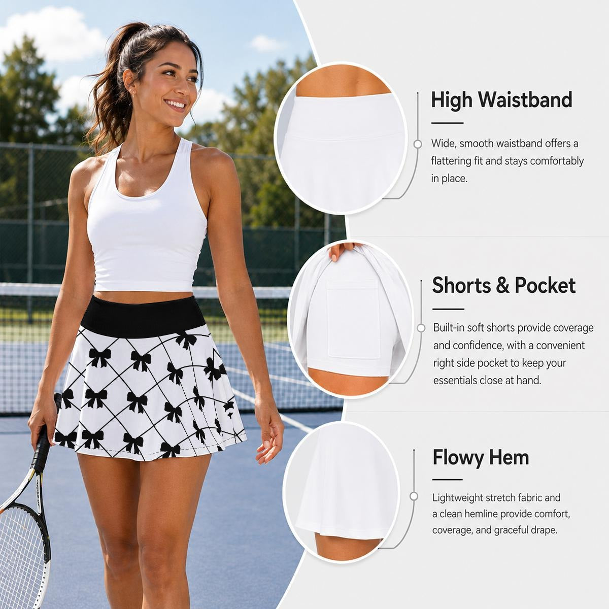 Black Bow Pleated Tennis Skort