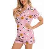 Women's Imitation Silk Short Sleeve Pajama Set - Halloween Pumpkin Skull Bat Print