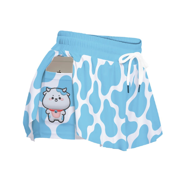 Cute Blue Cow Print Sport Skort with Pocket - Kawaii Dog Design Athletic Skirt with Built-in Shorts
