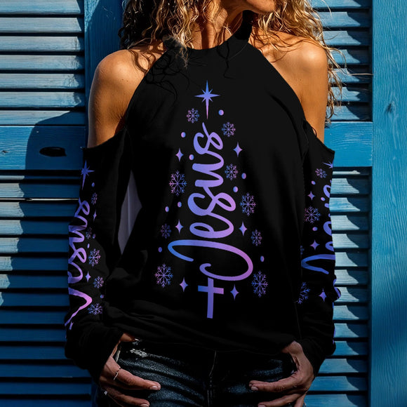 Women's Jesus Christmas Cold Shoulder Sweatshirt – Christian Faith Holiday Top