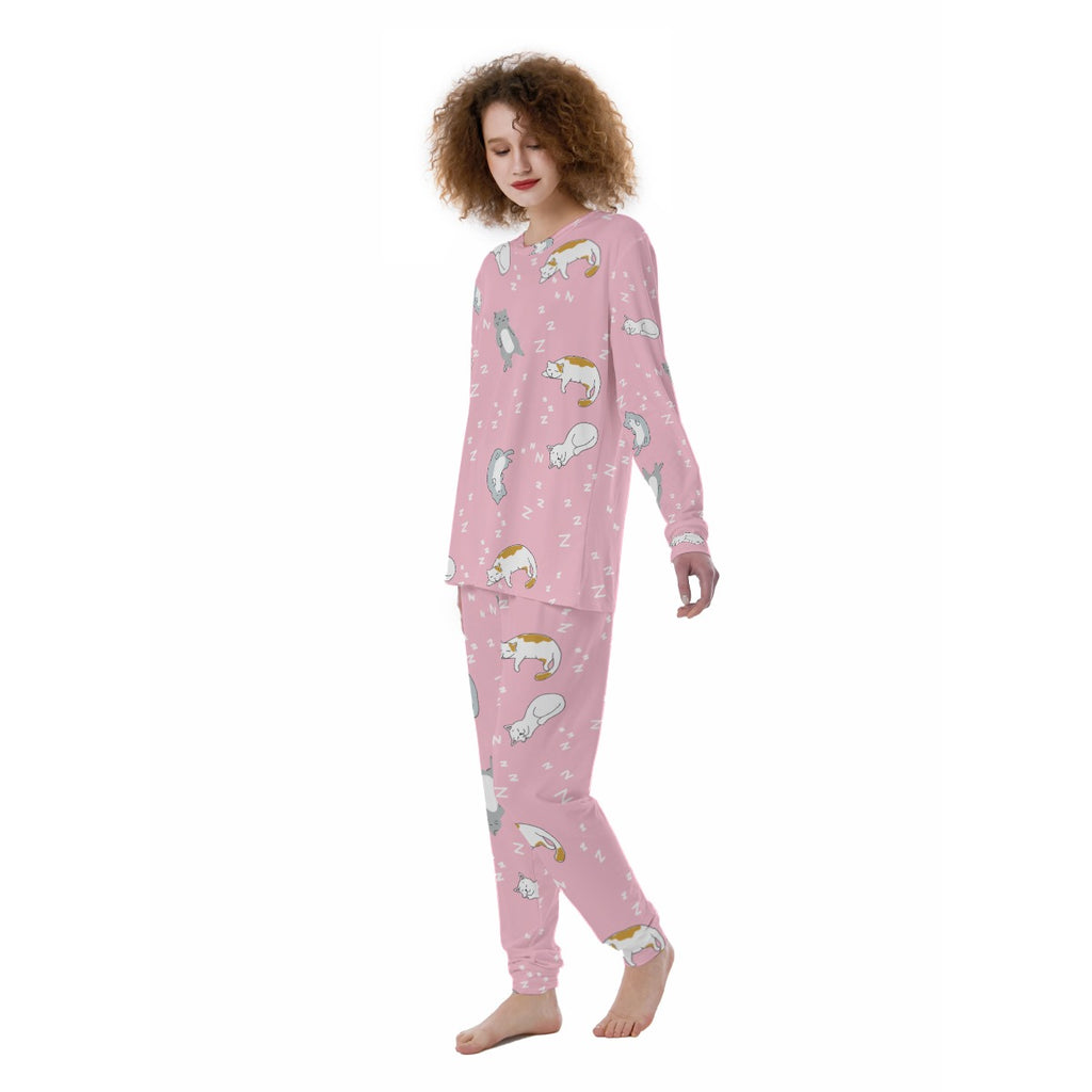 Sleepy Cat Print Women's Pajama Set - Soft Pink Long Sleeve Lounge Suit with Comfort Fit