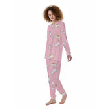 Sleepy Cat Print Women's Pajama Set - Soft Pink Long Sleeve Lounge Suit with Comfort Fit