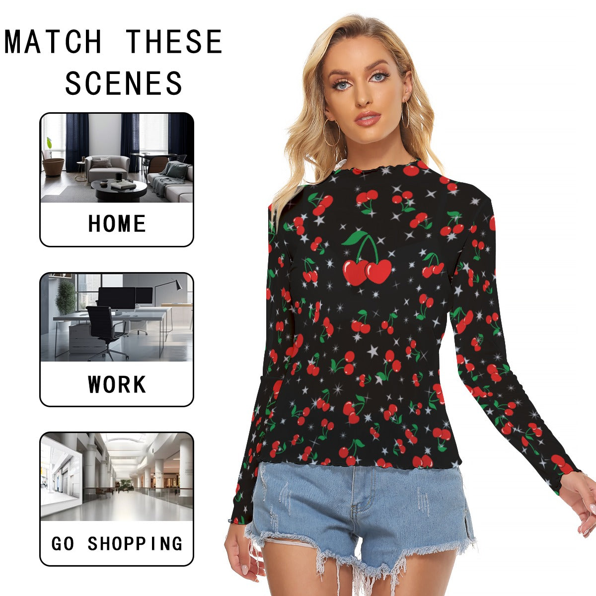 Cherry Print Mesh Top – Black Long Sleeve Slim Fit Shirt