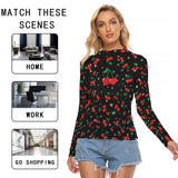 Cherry Print Mesh Top – Black Long Sleeve Slim Fit Shirt