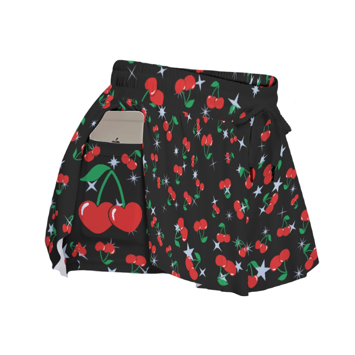 Cherry Print Skort – Black Skirt Shorts with Pockets