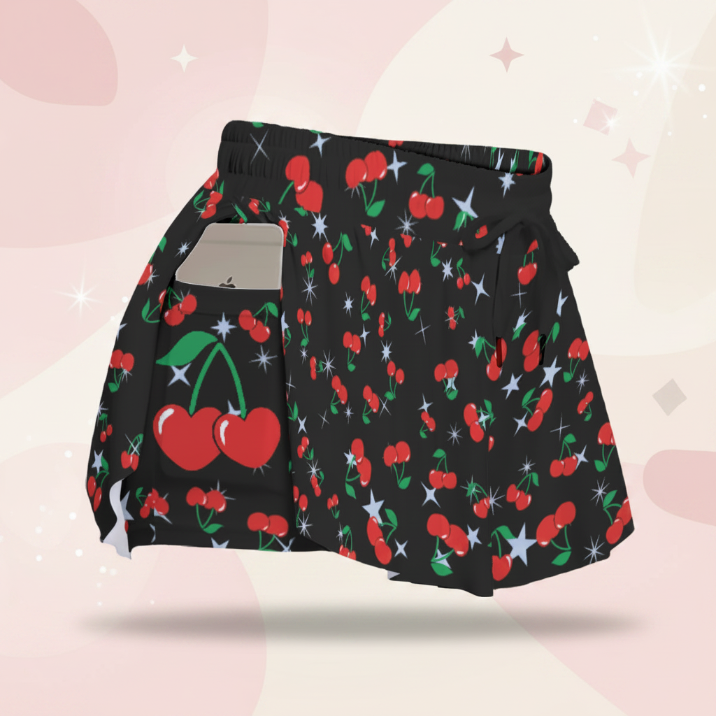 Cherry Print Skort – Black Skirt Shorts with Pockets