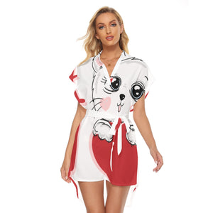 Sweet Kitty Love Wrap Dress - Casual Women's Stand-up Collar Dress with Belt | Polyester
