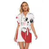 Sweet Kitty Love Wrap Dress - Casual Women's Stand-up Collar Dress with Belt | Polyester