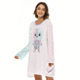 Pastel Kawaii Skeleton Nightdress – Oversized Long Sleeve Sleepwear with Pockets