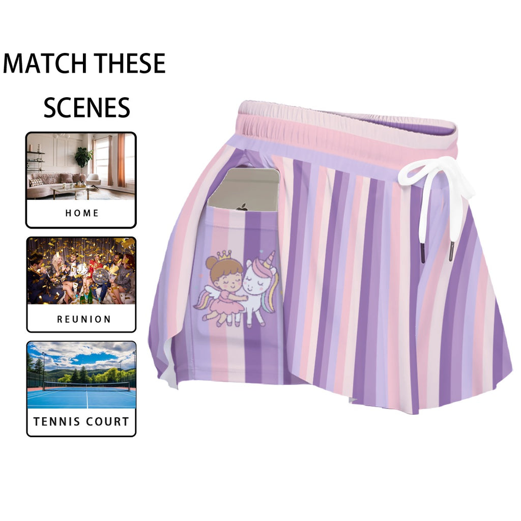Kawaii Heaven Women's Pastel Striped Princess & Unicorn Skorts with Pockets