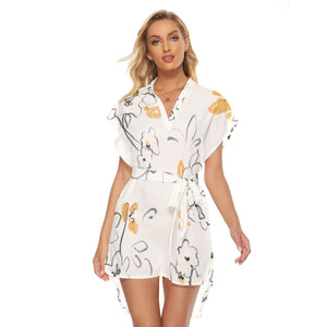 Sunlit Blossom Wrap Dress with Stand-up Collar for Women | Casual Style