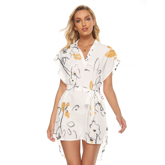 Sunlit Blossom Wrap Dress with Stand-up Collar for Women | Casual Style