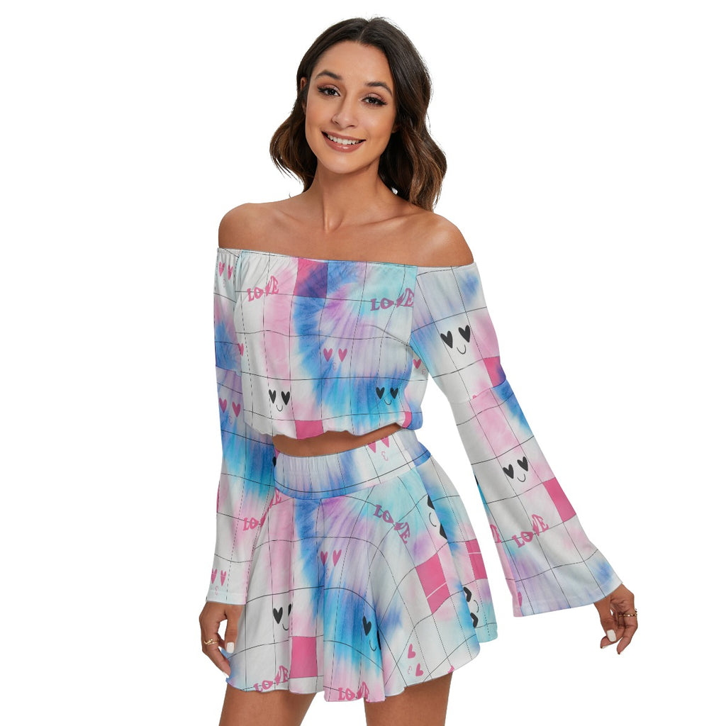 Kawaii Heaven Women Off-Shoulder Microfiber Crop Top & Skirt Set - Pastel Grid Print