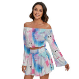 Kawaii Heaven Women Off-Shoulder Microfiber Crop Top & Skirt Set - Pastel Grid Print