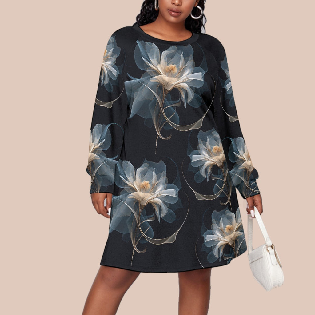 Kawaii Heaven Women's Plus Size Long Sleeve Floral Black Tunic Dress