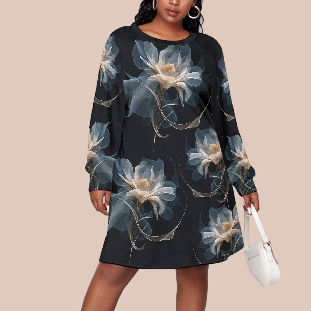 Kawaii Heaven Women's Plus Size Long Sleeve Floral Black Tunic Dress