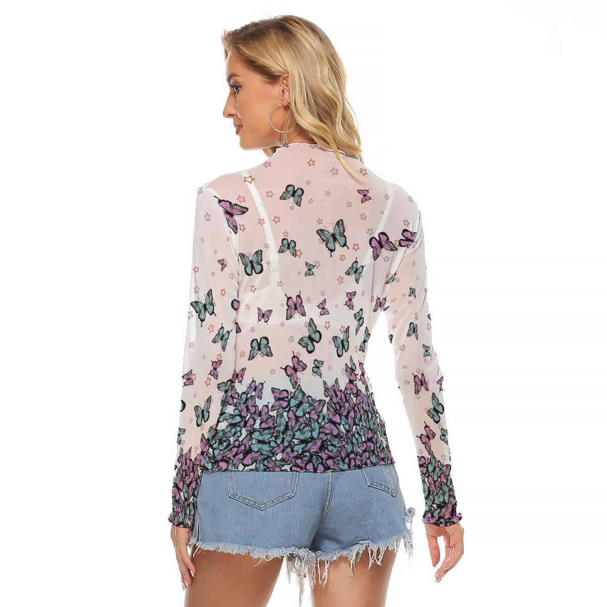 Kawaii Heaven Women's Butterfly Mesh Long Sleeve T-Shirt - Sexy Festival Layering Top