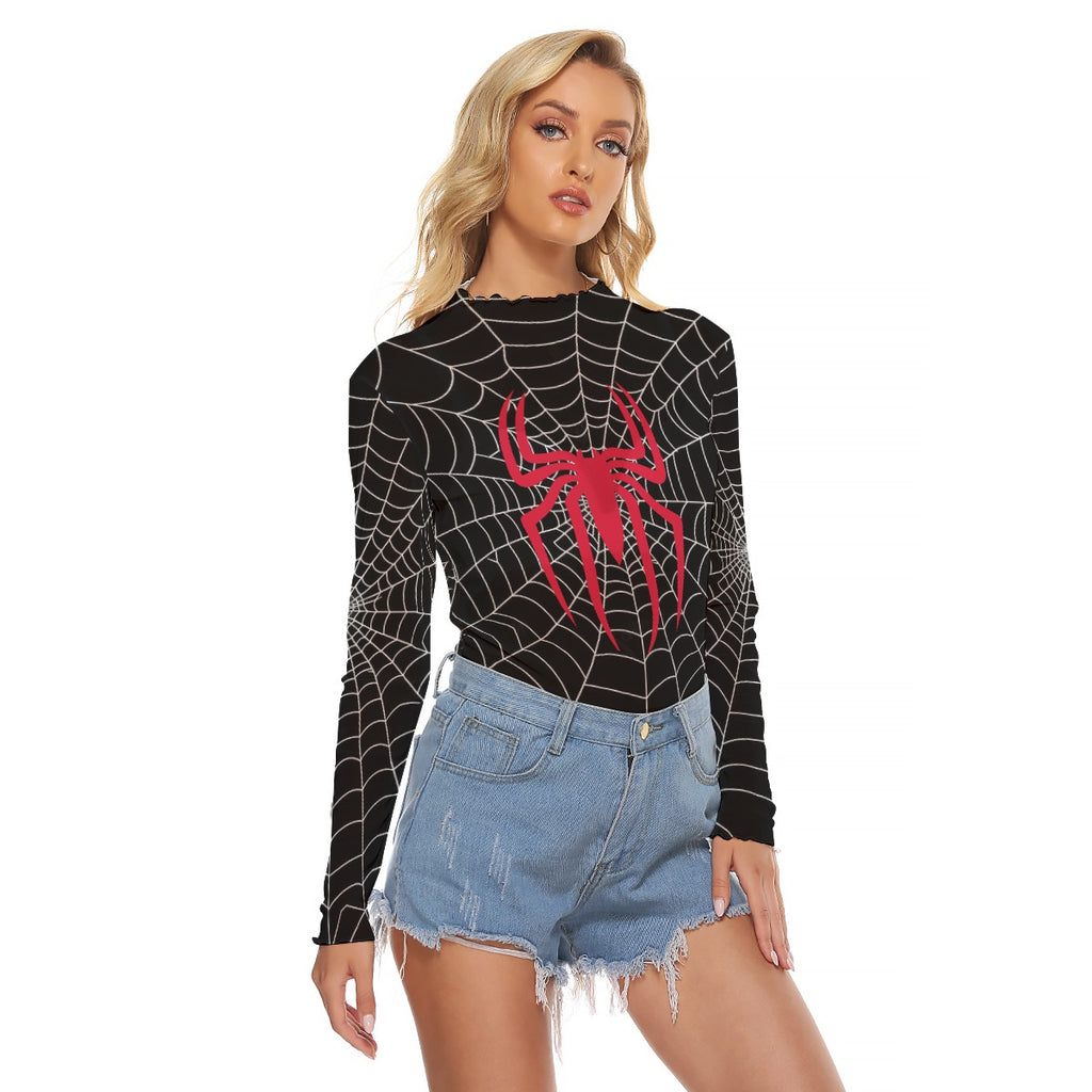 Kawaii Heaven Women's Mesh T-shirt - Spider Queen Print, Black Web with Red Spider