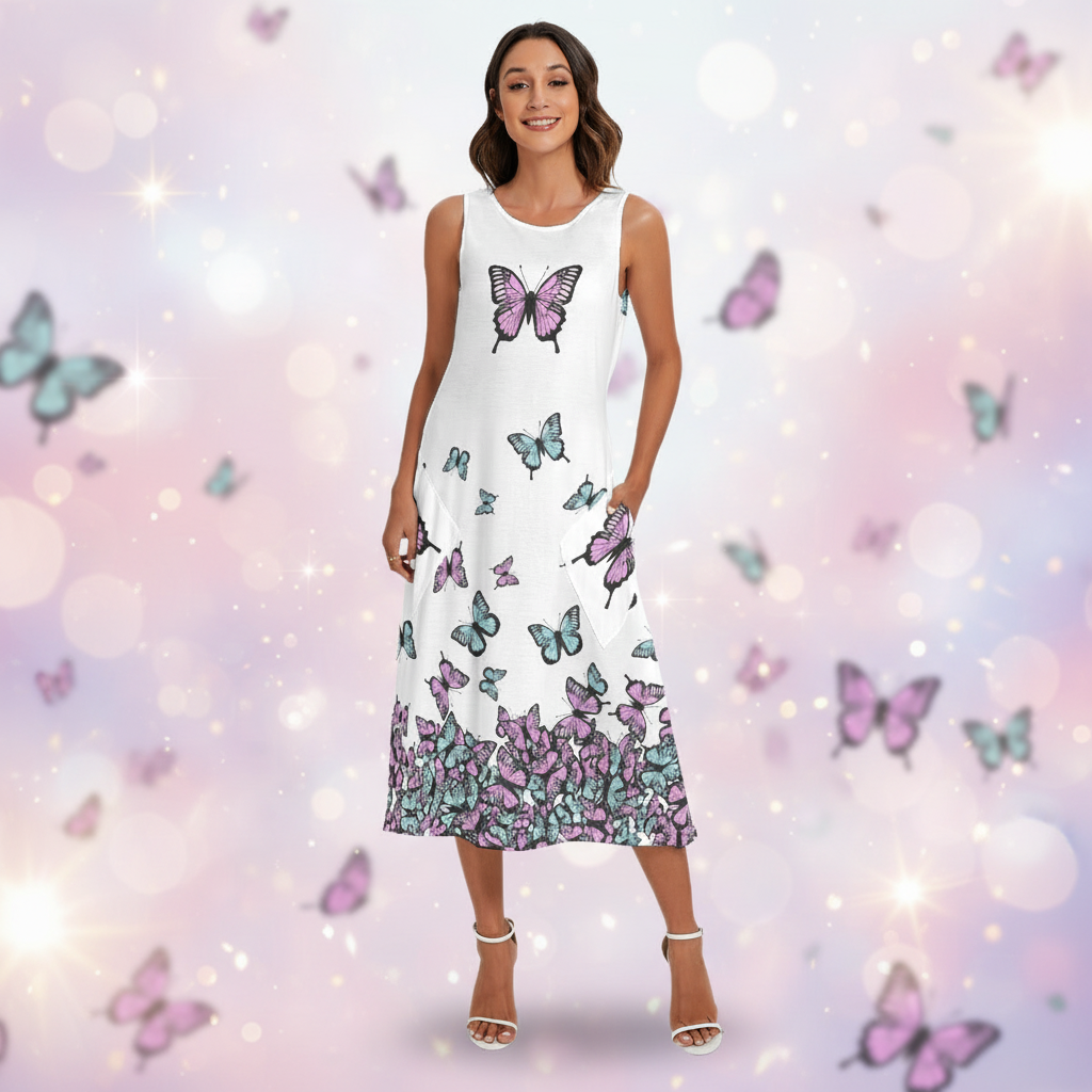 Butterfly Maxi Dress – Sleeveless Pastel Pocket Dress