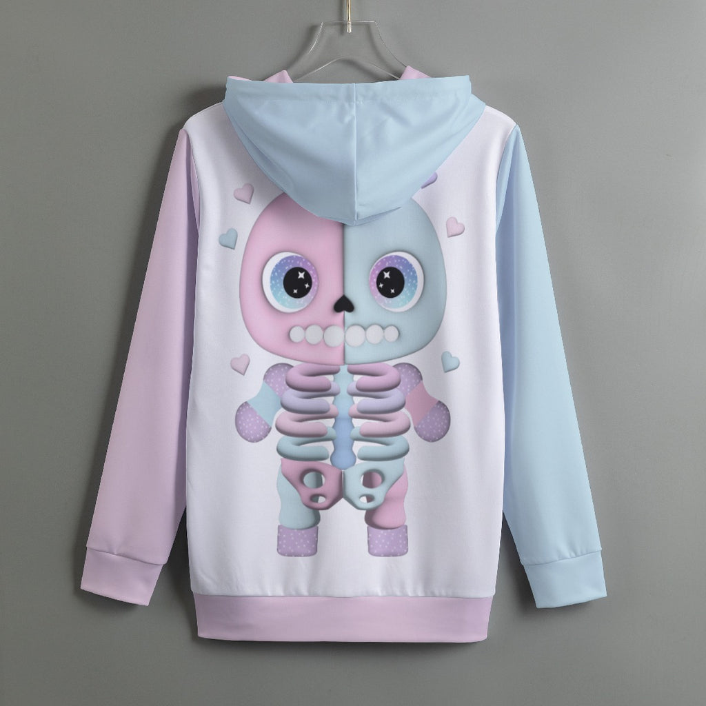 Pastel Skeleton Print Women's Pullover Hoodie - Kawaii Heaven Scuba Hooded Sweatshirt with Drawstring