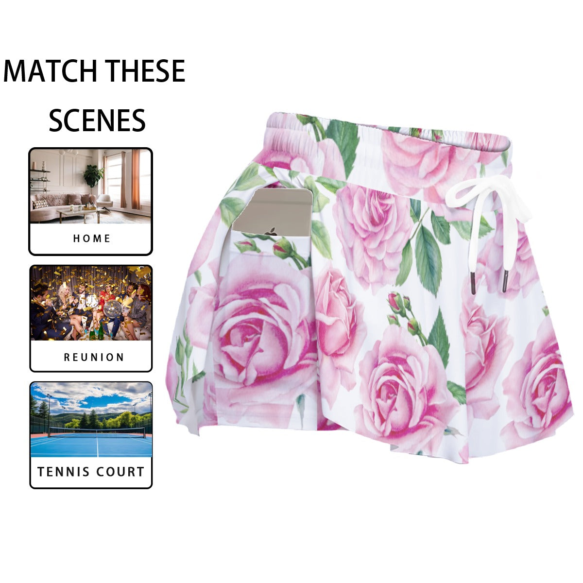 Floral Rose Skort – Pink High Waisted Skirt Shorts with Pockets