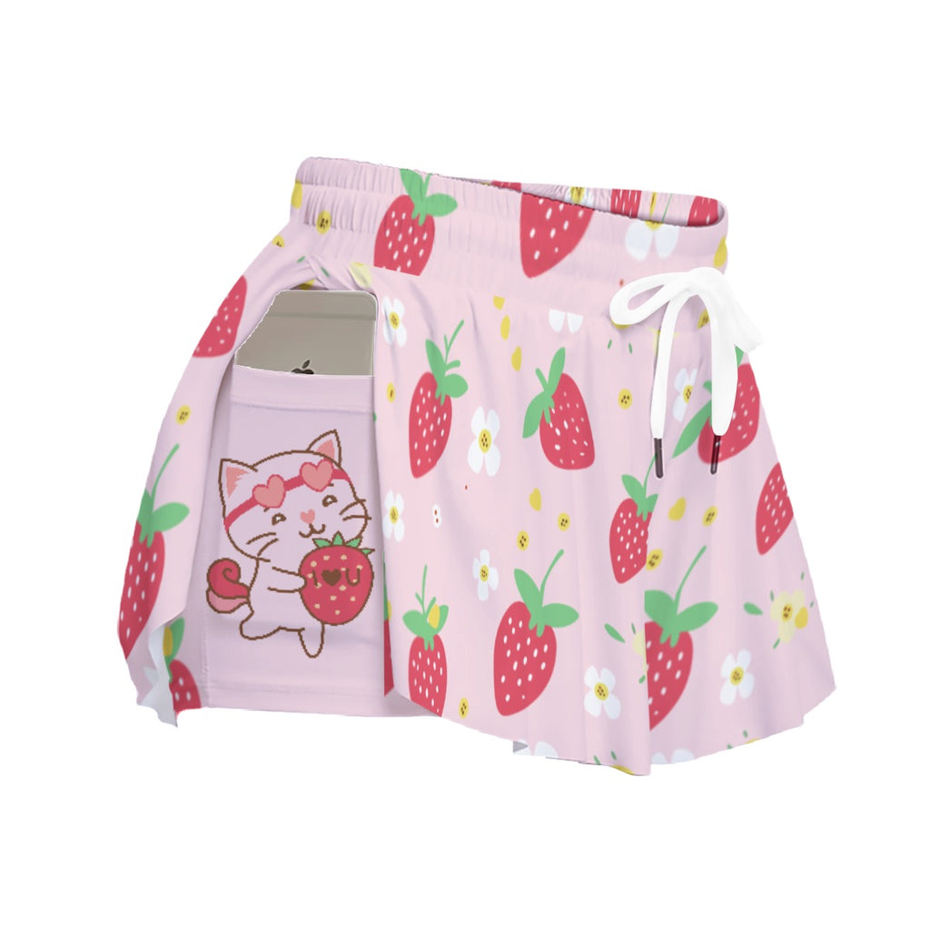 Kawaii Strawberry Cat Microfiber Sport Skorts - Pink Drawstring Athletic Skorts with Side Pockets