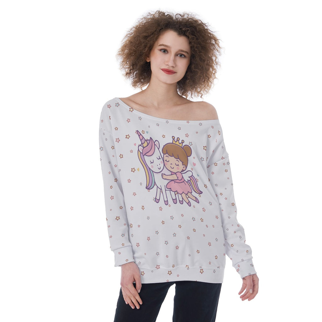 Kawaii Unicorn Princess Off-Shoulder Sweatshirt for Women - Cute Graphic Pullover in Scuba Fabric