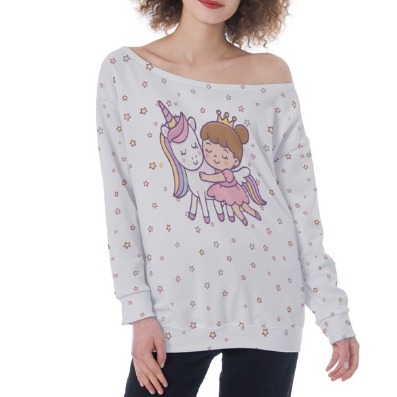 Kawaii Unicorn Princess Off-Shoulder Sweatshirt for Women - Cute Graphic Pullover in Scuba Fabric
