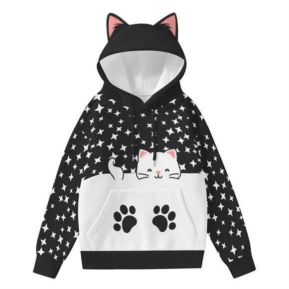 Cat Ear Hoodie – Kawaii Star Print Pullover with Paw Pocket