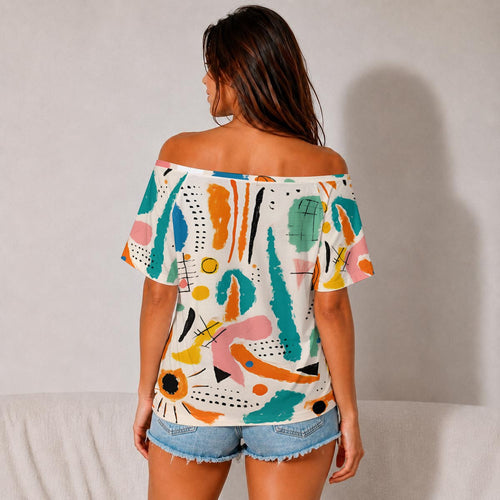 Abstract Off Shoulder Top – Colorful Wide Neck Casual Tee