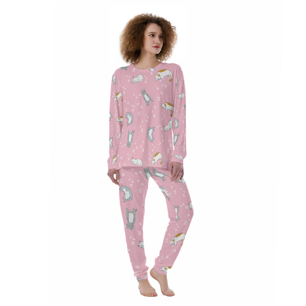 Sleepy Cat Print Women's Pajama Set - Soft Pink Long Sleeve Lounge Suit with Comfort Fit