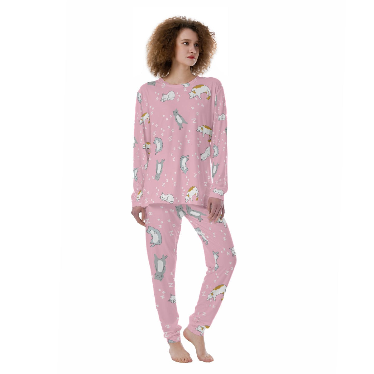 Sleepy Cat Print Women's Pajama Set - Soft Pink Long Sleeve Lounge Suit with Comfort Fit