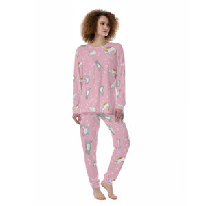 Sleepy Cat Print Women's Pajama Set - Soft Pink Long Sleeve Lounge Suit with Comfort Fit
