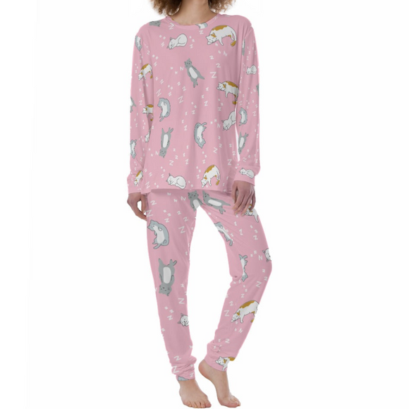 Sleepy Cat Print Women's Pajama Set - Soft Pink Long Sleeve Lounge Suit with Comfort Fit