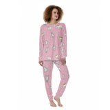 Sleepy Cat Print Women's Pajama Set - Soft Pink Long Sleeve Lounge Suit with Comfort Fit
