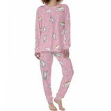 Sleepy Cat Print Women's Pajama Set - Soft Pink Long Sleeve Lounge Suit with Comfort Fit