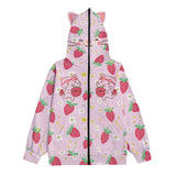 Kawaii Strawberry Cat Zip-Up Hoodie for Unisex - Pink Anime-Inspired Pullover with Decorative Ears