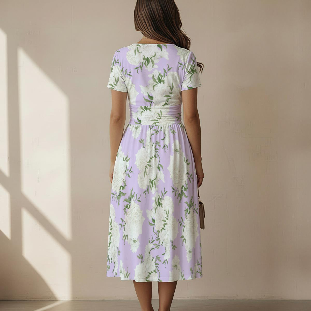 Lavender Floral V-Neck Midi Dress