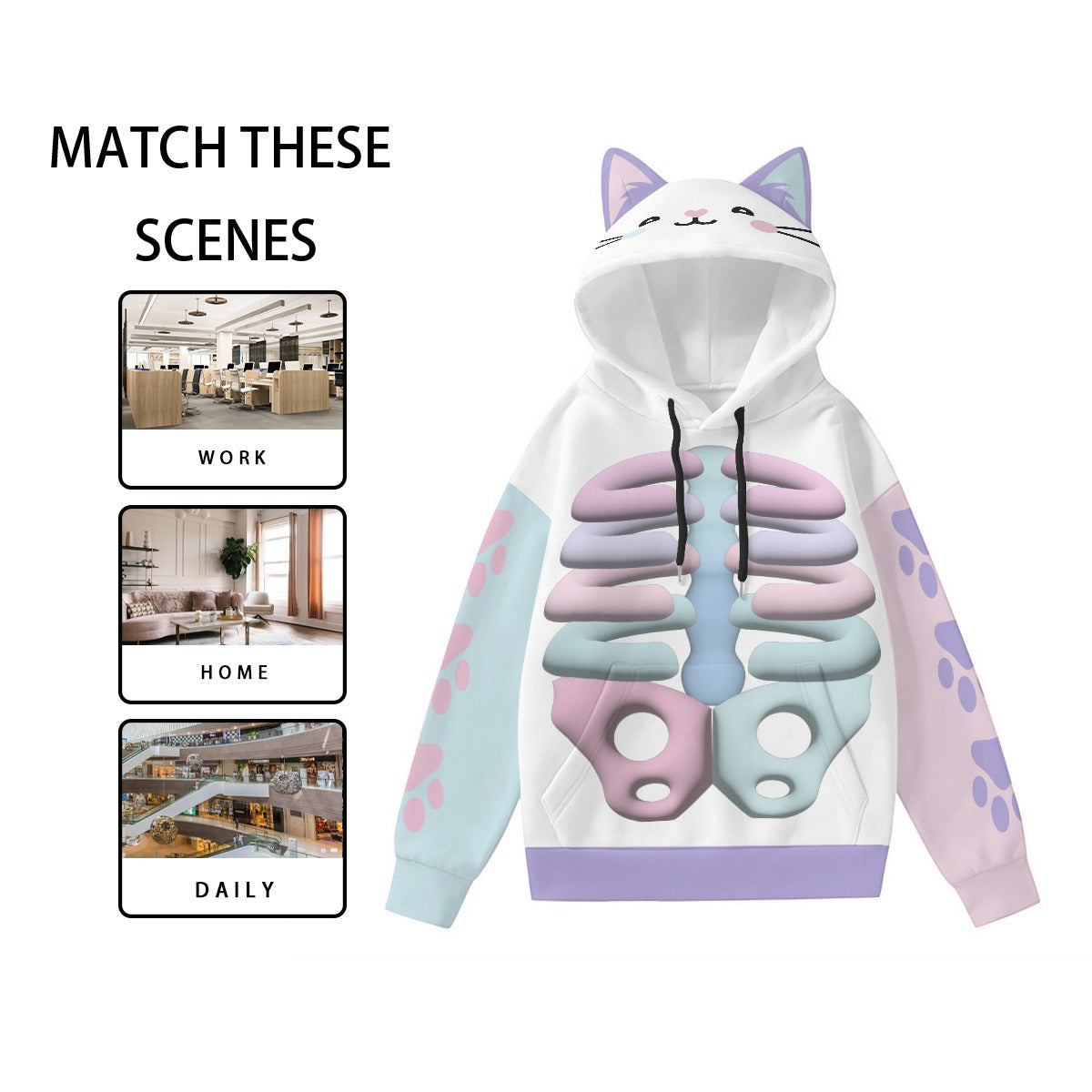 Kawaii Heaven Women's Cat Ear Hoodie with Pastel Skeleton Print