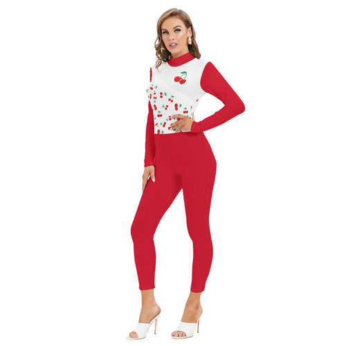 Cherry Print Red Long Sleeve Jumpsuit