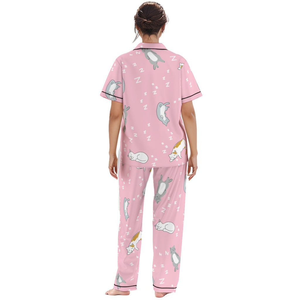 Kawaii Heaven Women's Pink Cat Print Pajamas Set with Elastic Waist & Black Contrast Piping