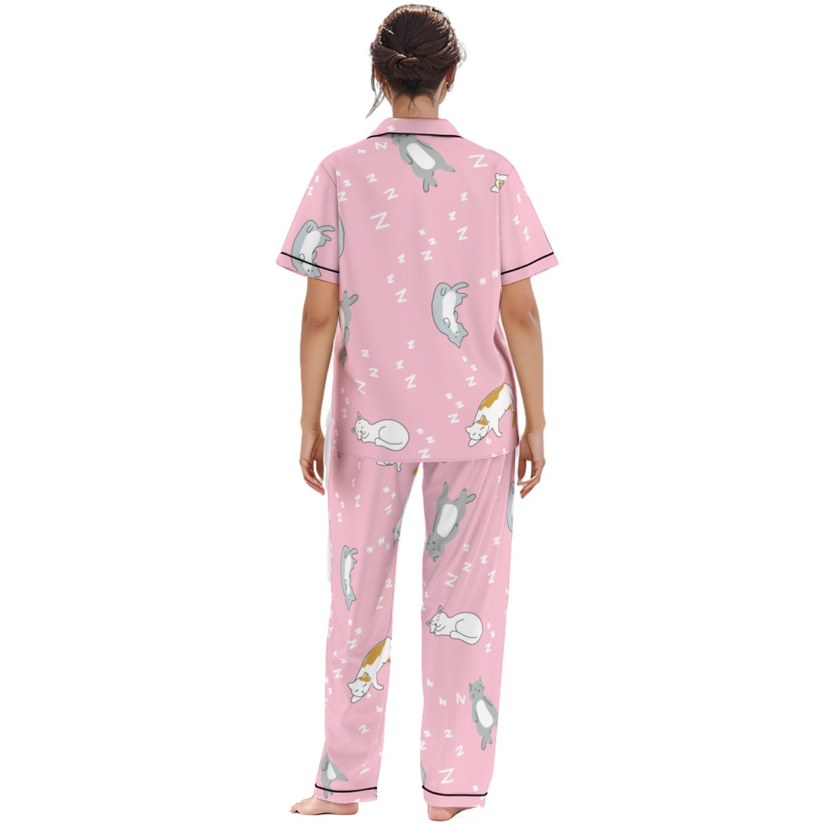 Kawaii Heaven Women's Pink Cat Print Pajamas Set with Elastic Waist & Black Contrast Piping